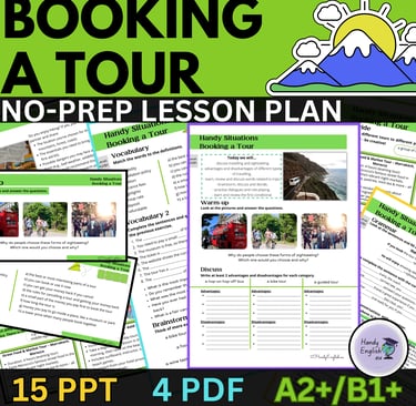 ESL A2+/B1+ travel lesson on booking a tour with dialogues, role‑plays, and first conditional practice.