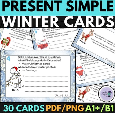 Winter Christmas Present Simple questions and adverbs of frequency task cards