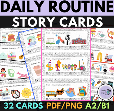 ESL daily routine, present simple worksheets, story cards, creative writing, grammar