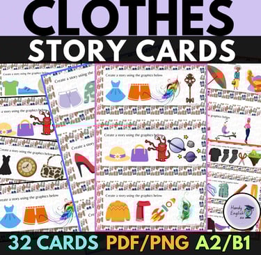ESL clothes, present simple worksheets, story cards, creative writing, vocabulary and grammar