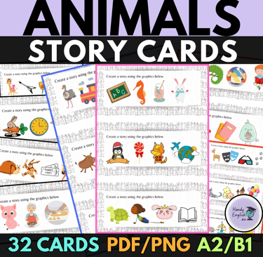 ESL animals present simple worksheets, story cards, creative writing, vocabulary and grammar