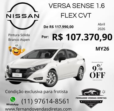 White Nissan Versa Sense 1.6 Flex CVT car with 9% fleet discount offer in Brazil.