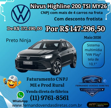 Black Volkswagen Nivus Highline 200 TSI MY26 for sale with exclusive corporate fleet discounts.