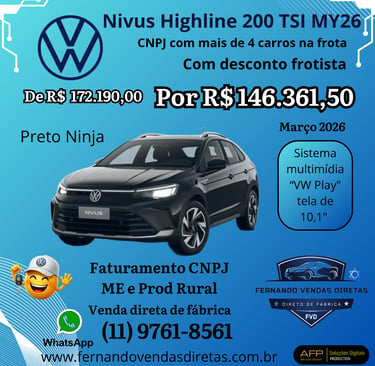 Volkswagen Nivus Highline 200 TSI Preto Ninja em oferta para frotista e produtor rural.