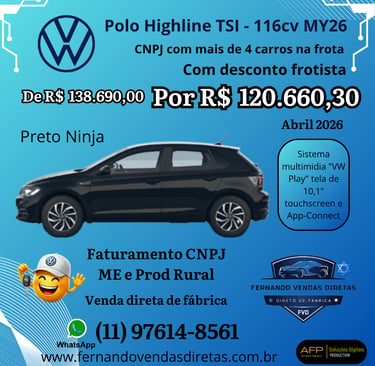 Black Volkswagen Polo Highline TSI promo offer for corporate fleet sales in Brazil.