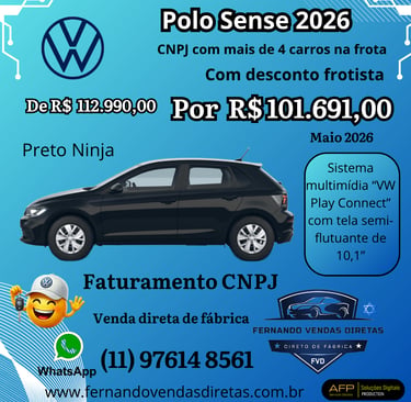 Volkswagen Polo Sense 2026 em Preto Ninja para venda direta de fábrica com desconto frotista CNPJ.