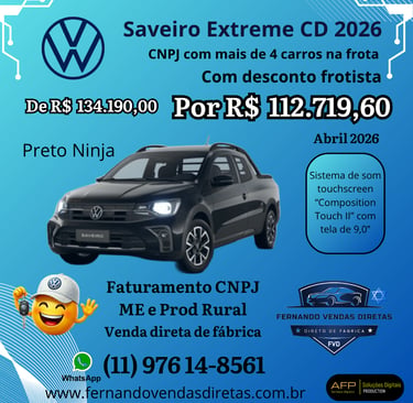 Oferta Volkswagen Saveiro Extreme CD 2026 preta com desconto para CNPJ e produtor rural.