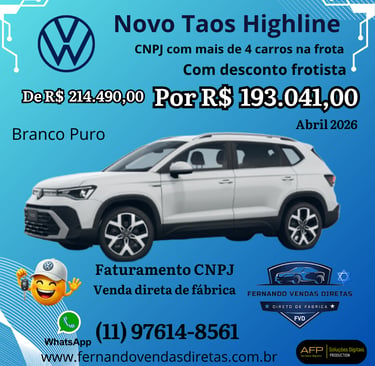 Novo Volkswagen Taos Highline branco com desconto exclusivo para frotista e faturamento CNPJ.