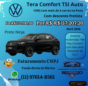 Black VW Tera Comfort TSI Auto for direct factory sale with fleet discounts for CNPJ customers.