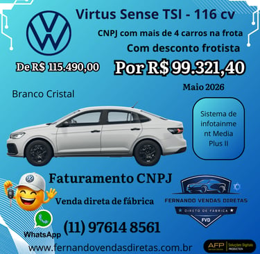 Volkswagen Virtus Sense TSI in Branco Cristal for fleet sales with discount pricing and CNPJ billing.