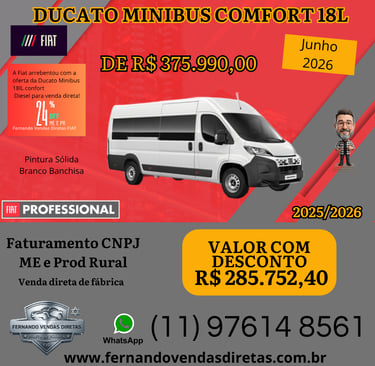 White Fiat Ducato Minibus Comfort 18L promotional offer for CNPJ and rural producers in Brazil.