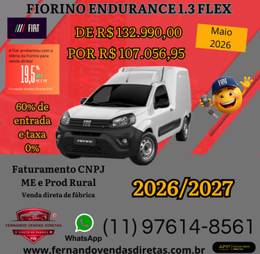 White Fiat Fiorino Endurance 1.3 Flex promotional banner featuring sales price and financing offers.
