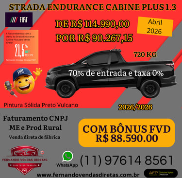 Fiat Strada Endurance Cabine Plus 1.3 preta em oferta de venda direta para CNPJ e produtor rural.