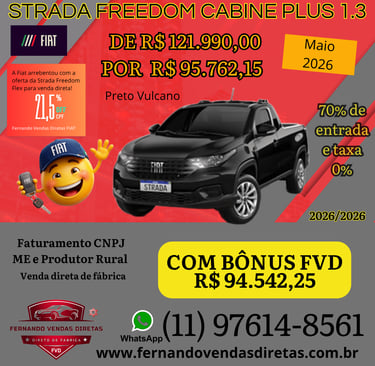 Black Fiat Strada Freedom Cabine Plus 1.3 promotion flyer featuring direct factory sales prices and contact info.