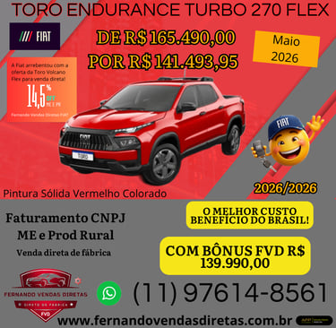 Oferta da picape Fiat Toro Endurance Turbo 270 Flex vermelha com preço promocional para venda direta.
