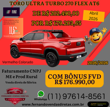 Red Fiat Toro Ultra pickup truck promo offer with special pricing for direct factory sales.