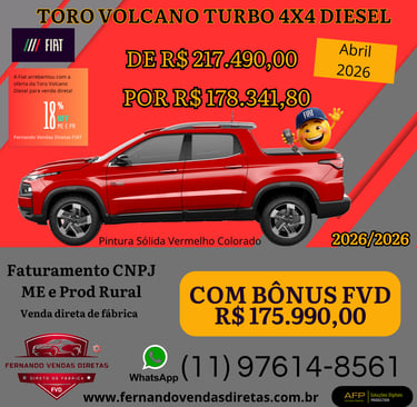 TORO VOLCANO TURBO 4X4 DIESEL -- VENDA FROTISTA CNPJ -- REF. ABRIL 2026 -- ABC PAULISTA - SP