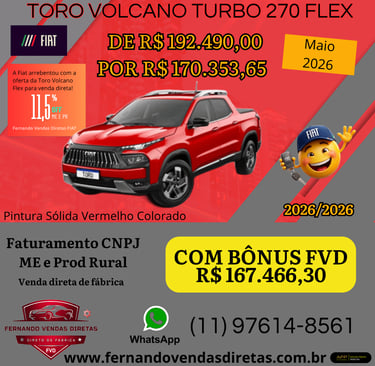 Red Fiat Toro Volcano Turbo 270 Flex pickup truck promotional offer with discounted pricing and direct factory sales info.