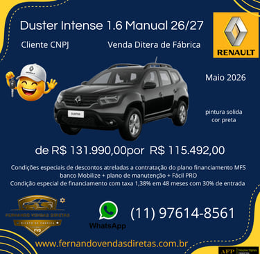 Black Renault Duster SUV promotional offer with direct factory pricing for CNPJ business customers.