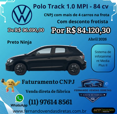 Black Volkswagen Polo Track car with promotional pricing for fleet sales and CNPJ business deals.