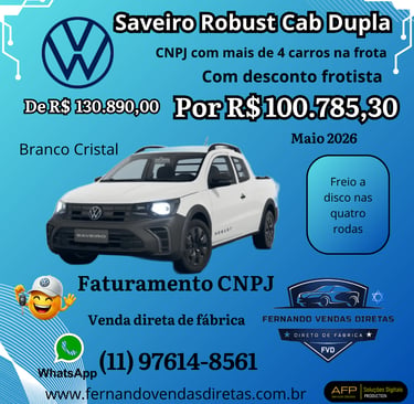 White Volkswagen Saveiro Robust Cab Dupla truck with promotional fleet pricing and CNPJ discounts.