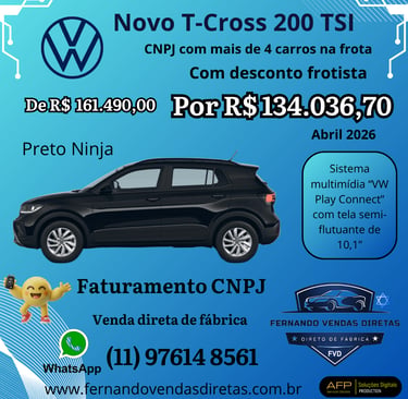 Novo Volkswagen T-Cross 200 TSI Preto Ninja em oferta para faturamento CNPJ com desconto frotista.