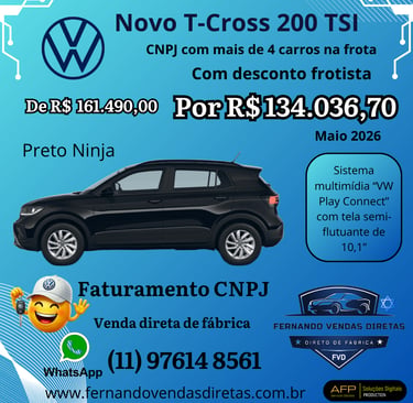 Novo Volkswagen T-Cross 200 TSI Preto Ninja com desconto para frotista e faturamento CNPJ.