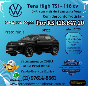 Novo Volkswagen Tera High TSI Preto Ninja com desconto para frotista e faturamento CNPJ.