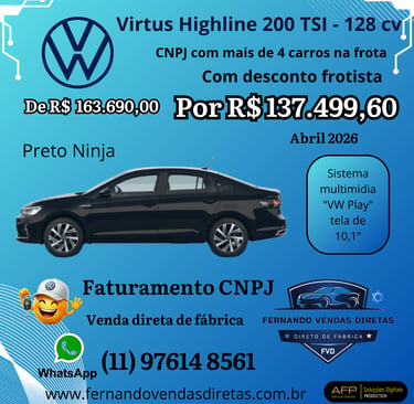 Volkswagen Virtus Highline 200 TSI em Preto Ninja com desconto para frotista CNPJ.