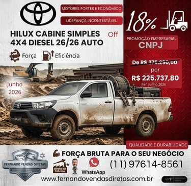 White Toyota Hilux single cab 4x4 diesel pickup truck at a construction site with promotional pricing for CNPJ.