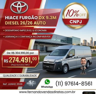 Toyota Hiace Furgão DX 9.3M diesel van promotional offer for CNPJ fleet sales in Brazil.