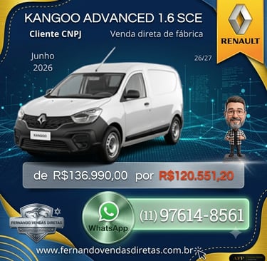 White Renault Kangoo Advanced 1.6 SCE commercial van offer for CNPJ fleet sales.