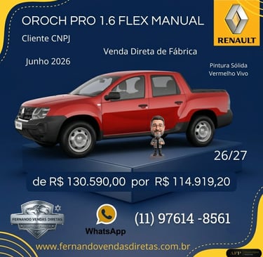 Red Renault Oroch Pro 1.6 Flex pickup truck for sale with CNPJ direct factory discount pricing.