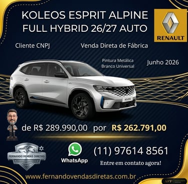 White Renault Koleos Esprit Alpine Full Hybrid SUV promotional offer for direct factory sales.