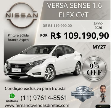 White Nissan Versa Sense 1.6 Flex CVT car offer for fleet owners in Aspen White.