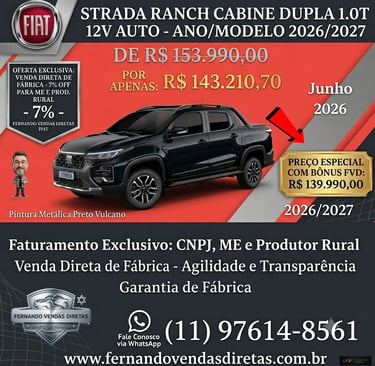 Black Fiat Strada Ranch 1.0T Double Cab truck advertisement with promotional pricing and contact information.