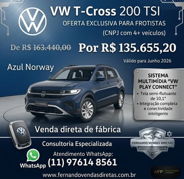 Volkswagen T-Cross 200 TSI in Azul Norway for direct factory sale with fleet discounts.