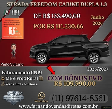 Black Fiat Strada Freedom Cabine Dupla 1.3 pickup truck with promotional sales price and contact information.