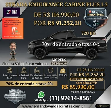 Fiat Strada Endurance Cabine Plus 1.3 black pickup truck with promotional pricing and 0% interest rate offer.