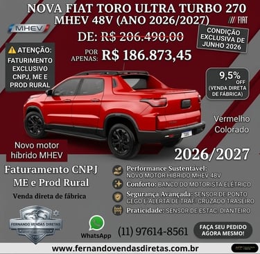 Red 2026 Fiat Toro Ultra Turbo MHEV 48V pickup truck promotional ad with pricing for CNPJ buyers.