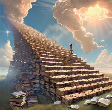 Staircase to heaven with a woman midway up.