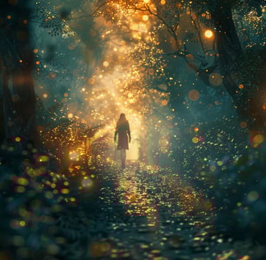 Woman walking into a forest of glowing light
