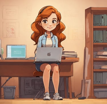 a cartoonish girl sitting at a desk with a laptop