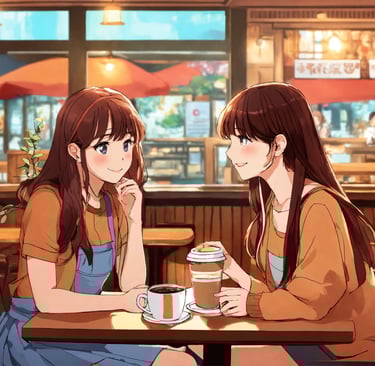 two girls sitting at a table with coffee
