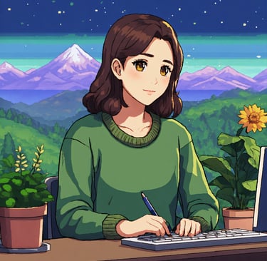 a woman sitting at a desk with a laptop and a pen