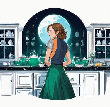 a woman in a green dress standing in front of a full moon