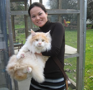 a woman holding a cat in a cage