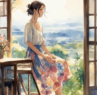 a japanese woman sitting on a table with a flowered skirt