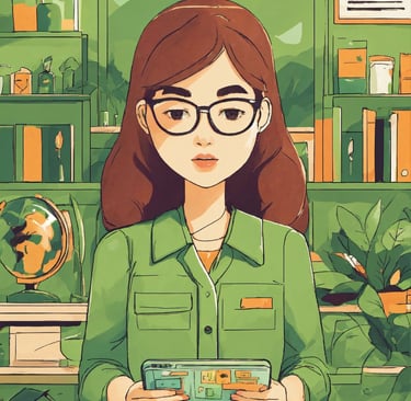 a woman in a green shirt and glasses holding a tablet