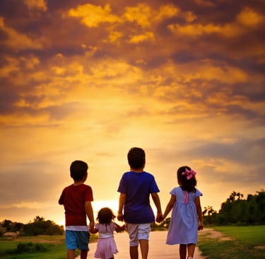 four japanese children holding hands and walking down a path